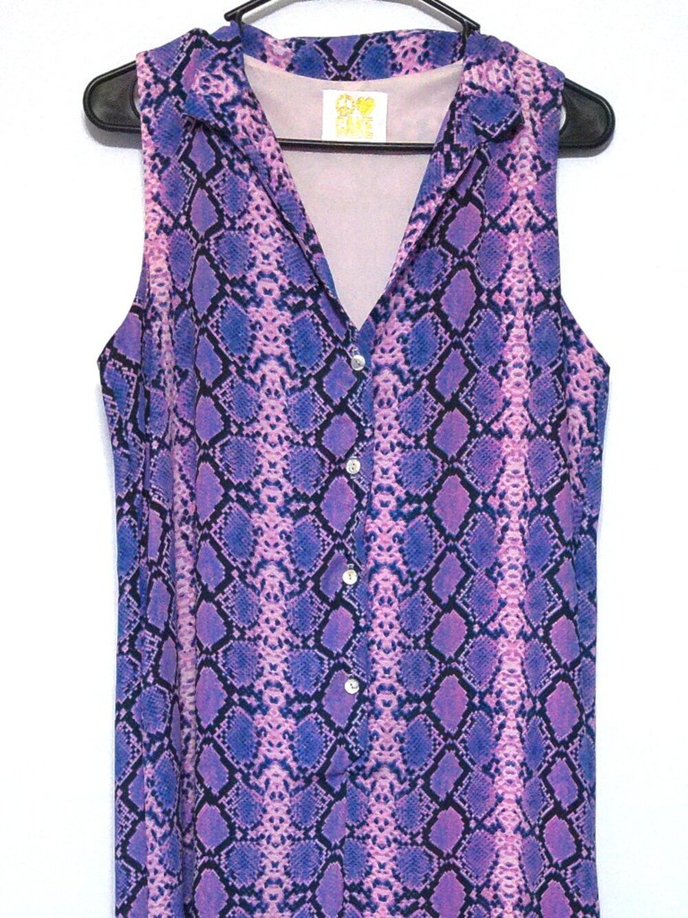 Peace Love Cake Maxi Dress Medium Purple Snakeskin Print Sleeveless Button Front